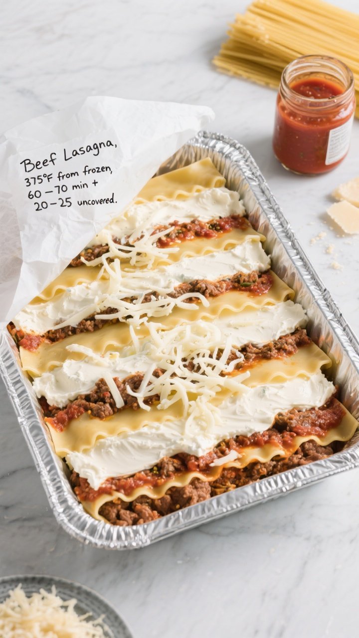 45-degree angle freezer-ready pan of Meal-Prep Beef Lasagna: a neatly layered uncooked lasagna in a disposable foil 9x13 pan—visible layers of beef marinara (Italian seasoning), ricotta mixture (ricotta, eggs, Parmesan) in smooth swaths, and generous shredded mozzarella on top. A labeled piece of parchment and foil pulled aside to show the surface, marker note “Beef Lasagna, 375°F from frozen, 60–70 min + 20–25 uncovered.” Nearby ingredients include no-boil noodles stack and a jar of marinara. Cool-toned, organized meal-prep aesthetic, crisp light, no people.
