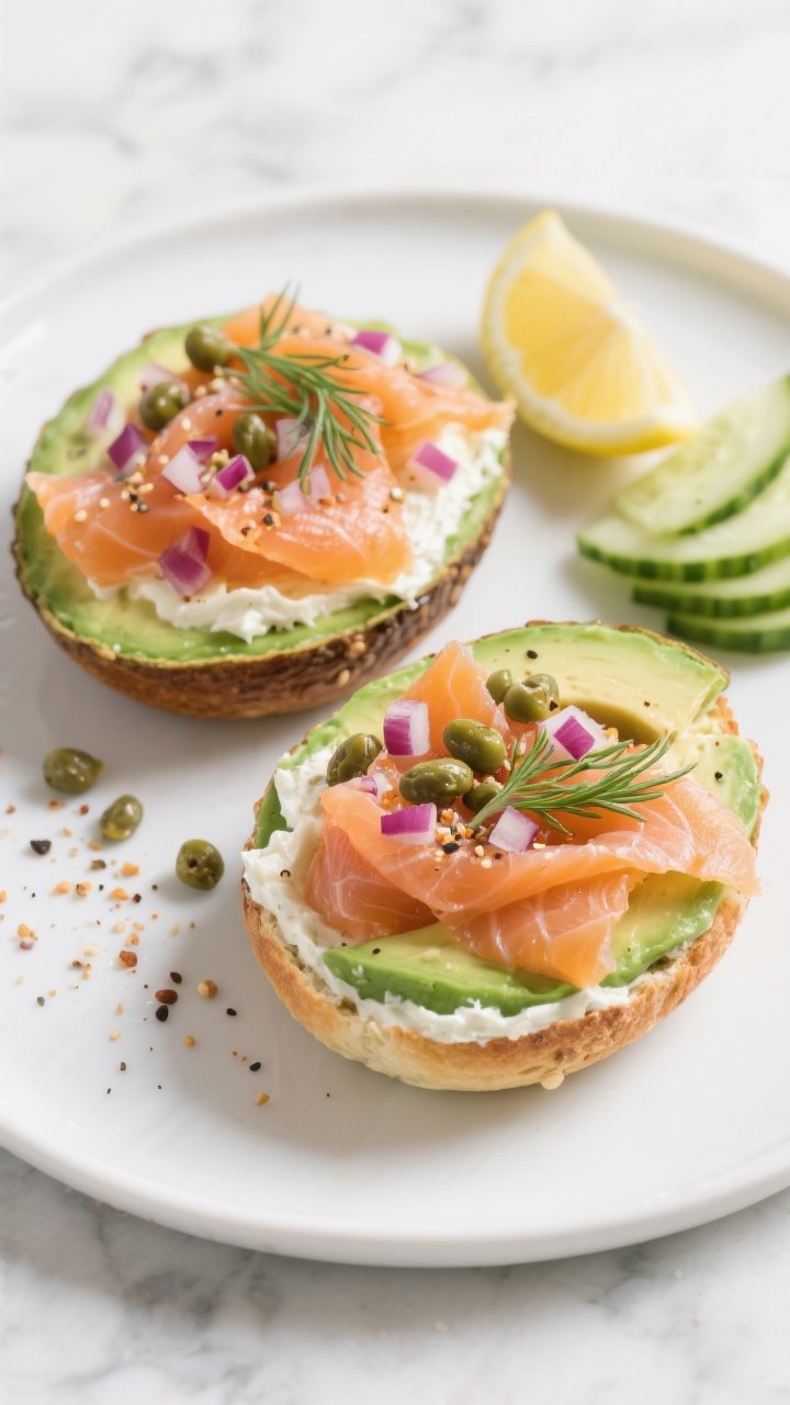 45-degree angle plated presentation of avocado and smoked salmon “bagel” bowls: two avocado halves with cream cheese spread inside, silky smoked salmon ribbons draped over, capers and finely diced red onion scattered, everything bagel seasoning generously sprinkled, fresh dill sprigs on top; lemon wedge on the side and cucumber slices fanned nearby; clean white plate on a light marble surface, bright brunch vibe, rich greens and coral salmon tones highlighted.
