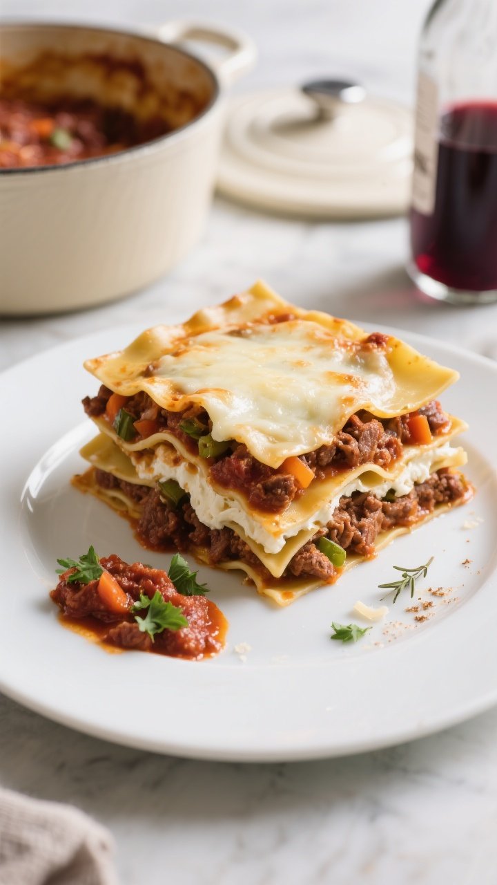 45-degree angle plated presentation of Slow-Simmered Sunday Beef Lasagna with red wine ragù: a generous slice on a white plate, layers showing beef-and-Italian-sausage sauce simmered with soffritto (onion, carrot, celery), thyme, bay leaf, and dry red wine reduction, nestled between fresh lasagna sheets. Ricotta and Parmesan layers look lush, top is deeply golden with melted mozzarella. A small smear of extra ragù on the plate, sprinkle of chopped parsley, and a tiny dusting of nutmeg over the ricotta edge. Background includes a Dutch oven lid and a glass bottle of red wine out of focus. Soft afternoon light, rich, slow-cooked ambiance.