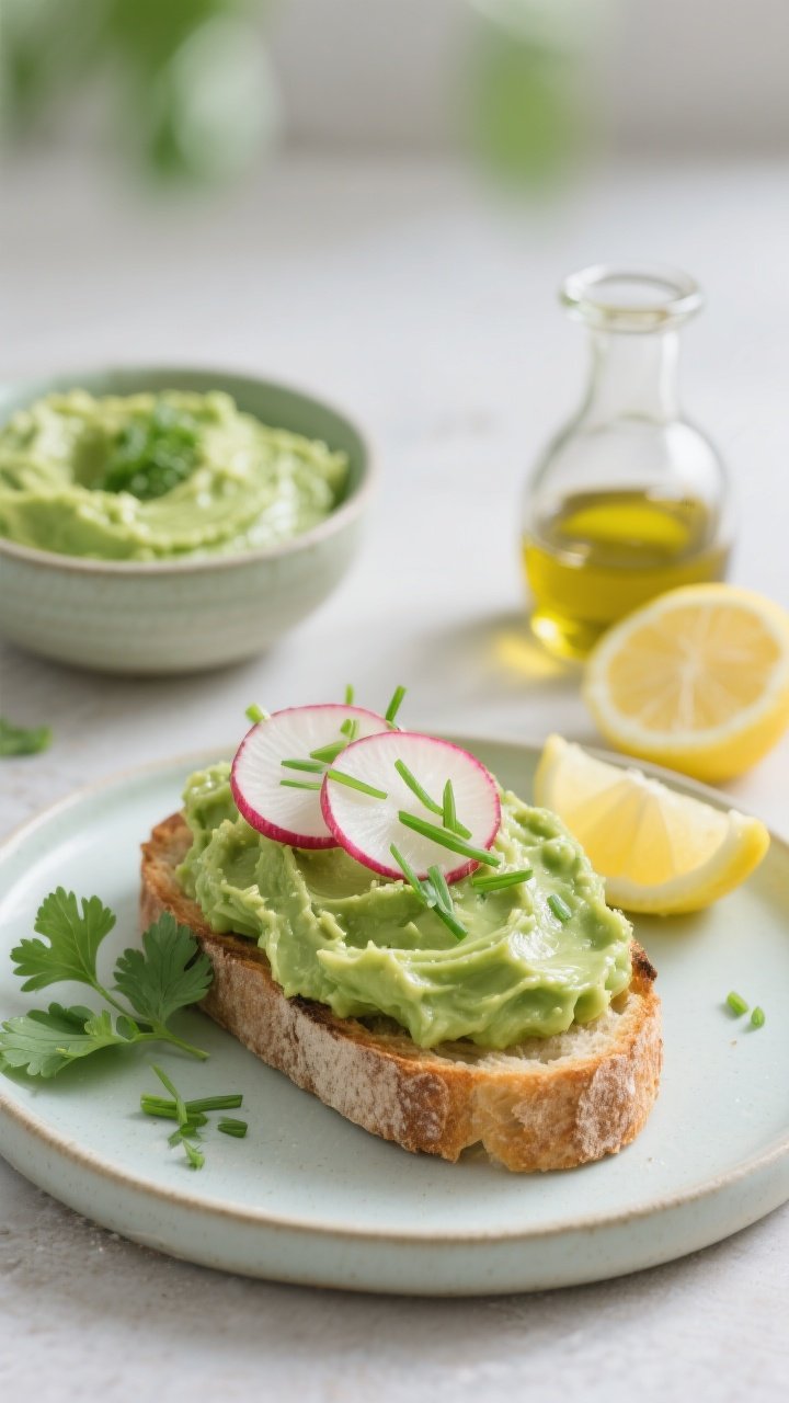 45-degree angle plated shot of Green Goddess Avocado spread, silky and lush, mounded on toasted sourdough with thinly sliced radishes and a sprinkle of chives. The remaining spread sits in a small bowl nearby, showing a glossy, spreadable consistency. Include fresh herbs used: parsley, cilantro (or basil), chives; a halved lemon and a small carafe of olive oil. Cool green palette with hints of citrus yellow, modern breakfast setting on a pale ceramic plate, clean background, crisp daylight for fresh, vibrant greens.