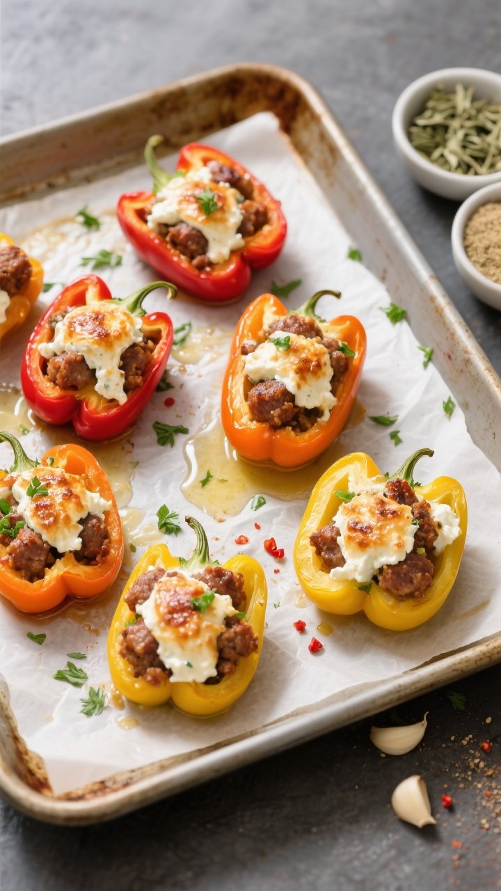 45-degree angle sheet-pan presentation of sausage-stuffed mini sweet peppers: halved red, orange, and yellow mini peppers filled with browned breakfast sausage mixed with creamy goat cheese and cream cheese, tops lightly browned and bubbling; sprinkled with chopped parsley and a few red pepper flakes; parchment-lined pan with olive oil sheen; small dishes of oregano and garlic powder to the side; vibrant, crisp, and inviting.