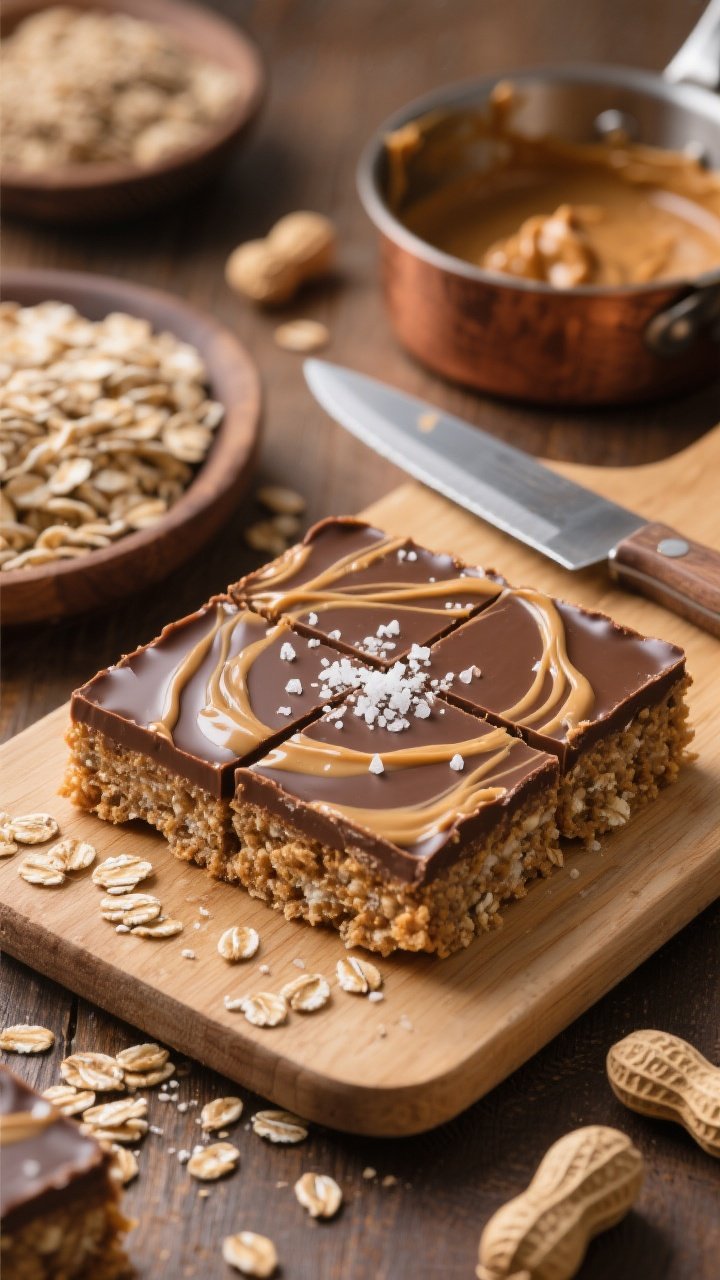 45-degree angle shot of peanut butter chocolate oat squares on a cutting board, showing the chewy oat base pressed into an 8x8 slab with a shiny semisweet chocolate layer. Delicate peanut butter swirl pattern across the chocolate, light sprinkle of flaky sea salt crystals catching the light. Visible rustic oats, a saucepan with remnants of melted peanut butter-honey-butter mixture in the background, and a knife with clean square edges. Warm, inviting tones with pantry-hero vibe.