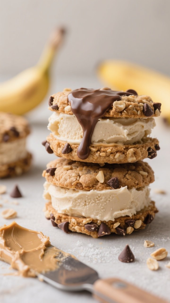 45-degree close-up of peanut butter banana “ice cream” sandwiches: oatmeal cookies sandwiching ultra-creamy banana-peanut butter no-churn filling, edges rolled in mini chocolate chips and crushed peanuts. A few sandwiches upright to show thick, soft-serve-like center; faint frosty condensation and a drizzle of melted chocolate on one for flair. Neutral backdrop, subtle motion from a smear of banana-peanut butter blend on a spatula nearby, frozen-but-biteable vibe.
