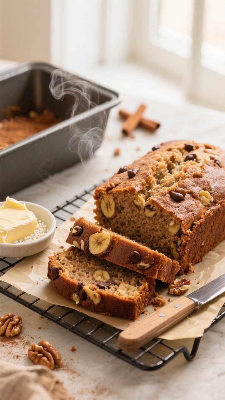 A 45-degree angle close-up of freshly sliced browned-butter banana bread on a cooling rack, steam faintly rising, showing moist crumb with visible banana flecks and toasted walnut and chocolate chip studs; a small dish of salted butter and a swipe of cream cheese on a butter knife nearby; warm golden tones highlighting the nutty browned-butter sheen; parchment-lined 9x5-inch loaf pan in the background with a few cinnamon-dusted crumbs; cozy bakery vibe, shallow depth of field, natural window light.