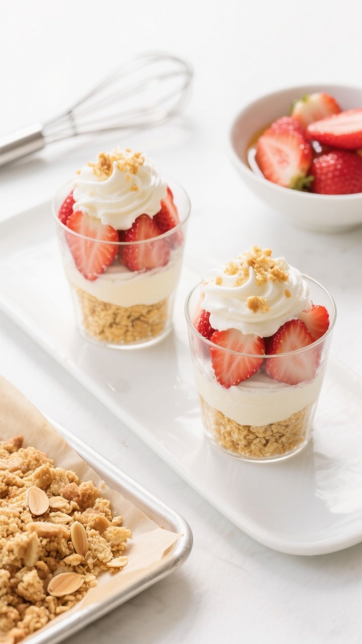 A 45-degree angle plated presentation of strawberry shortcake cups: clear glass tumblers layered with golden almond biscuit crumble, juicy macerated strawberry slices with visible syrup, and soft peaks of vanilla whipped cream, repeating the layers and finishing with a crumble sprinkle. Include a small tray with the baked crumble on parchment (toasty and clumpy), a bowl of sliced strawberries with a bit of syrup pooling, and a whisk with whipped cream nearby. Bright, airy lighting, springtime palette of reds, creams, and warm golds; clean white surface with minimal props to highlight the parfait-style assembly.