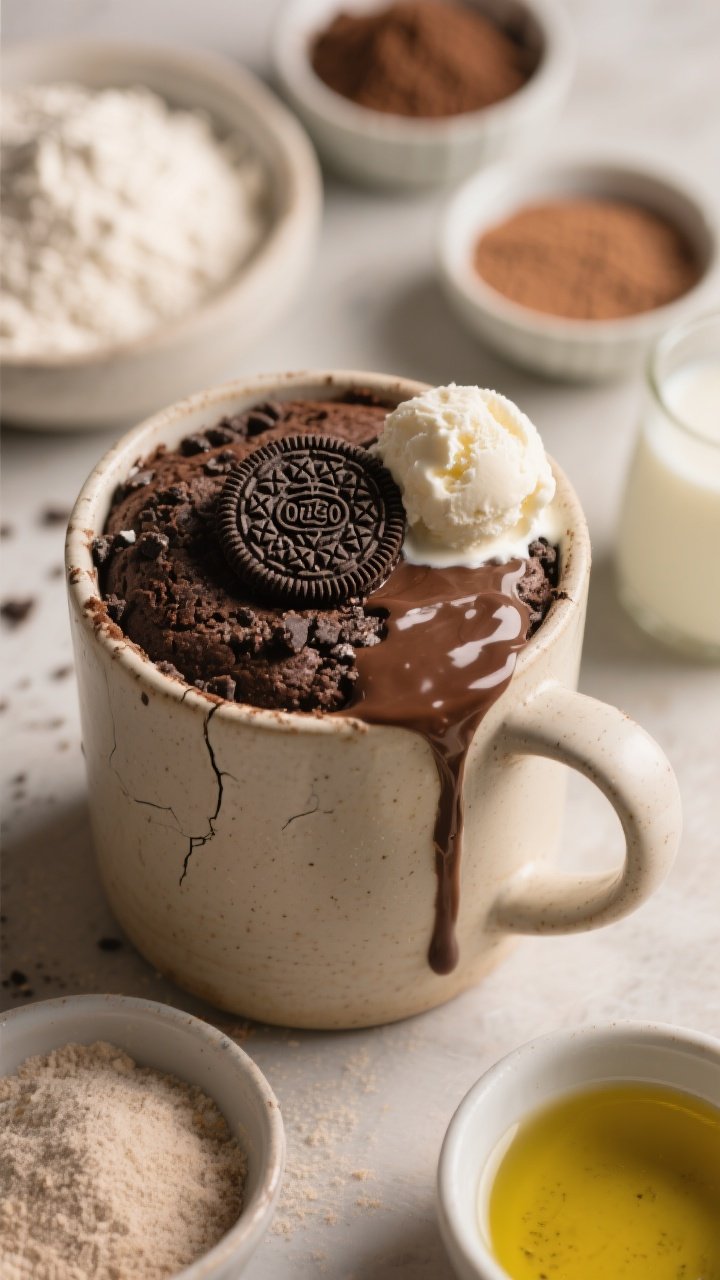 A 45-degree angle shot of a freshly microwaved Oreo chocolate mug cake in a large ceramic mug, the top slightly glossy and gooey with cracks revealing a tender crumb studded with crushed Oreos, finished with one whole Oreo pressed on top. Optional scoop of ice cream starting to melt down the side and a light drizzle of chocolate sauce. Include measured ingredients—flour, cocoa powder, sugar, baking powder, milk, and oil—in small prep bowls around the mug. Cozy, immediate gratification mood with soft, warm lighting.