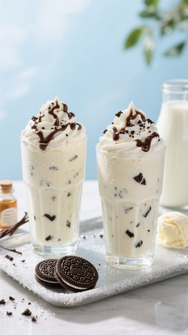 A 45-degree angle shot of two tall, frosty milkshakes in chilled clear glasses, the creamy vanilla base visibly flecked with Oreo chunks, crowned with billowy whipped cream, a drizzle of glossy chocolate sauce, and a sprinkle of extra crushed Oreos. Place whole Oreos and a scoop of vanilla ice cream on a frosty tray with a small bottle of vanilla extract and cold milk in the background. Bright, summery mood, condensation on glass, shallow depth of field.