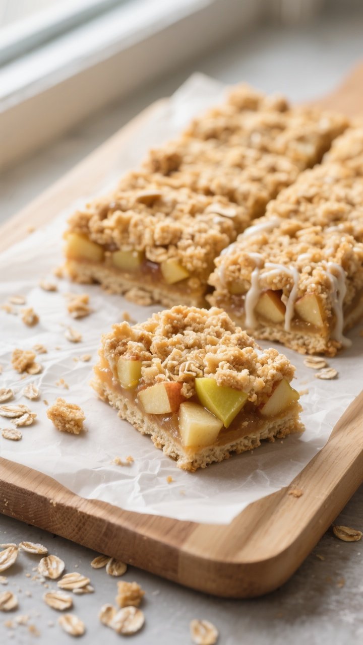 A 45-degree bakery-style shot of apple crumble bars on a parchment-lined cutting board: neat squares revealing layers—buttery oat-flour base, tender diced apples mixed with lemon juice, sugar, and cornstarch, and a thick golden oat streusel on top. A few crumbs scattered, one bar slightly tipped to show the gooey apple center, optional drizzle of icing on a couple of pieces. Warm, cozy tones, natural window light, subtle texture focus on the oat topping.