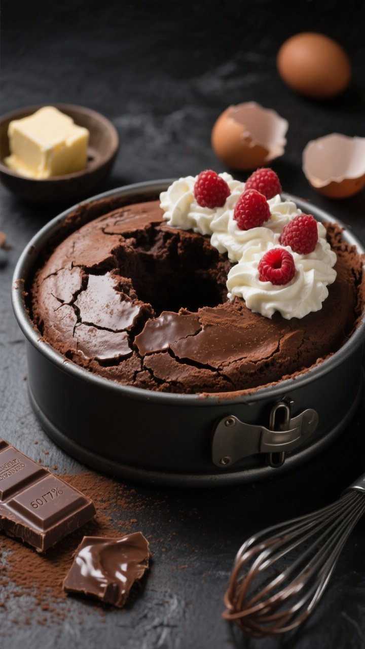 A 45-degree close-up of a freshly baked flourless chocolate cloud cake in an 8-inch springform pan, the top dramatically crackled and slightly sunken into a fudgy crater, dusted lightly with cocoa powder, served warm with soft peaks of whipped cream and a few scattered raspberries. Include visual cues of ingredients: a bar of 60–70% bittersweet chocolate with shards, a small bowl of cubed butter, a whisk with glossy chocolate batter, and egg shells in the background. Warm, moody lighting to emphasize the glossy fudge center and the contrast of the crackly top; no people, minimal props, dark slate surface for drama.