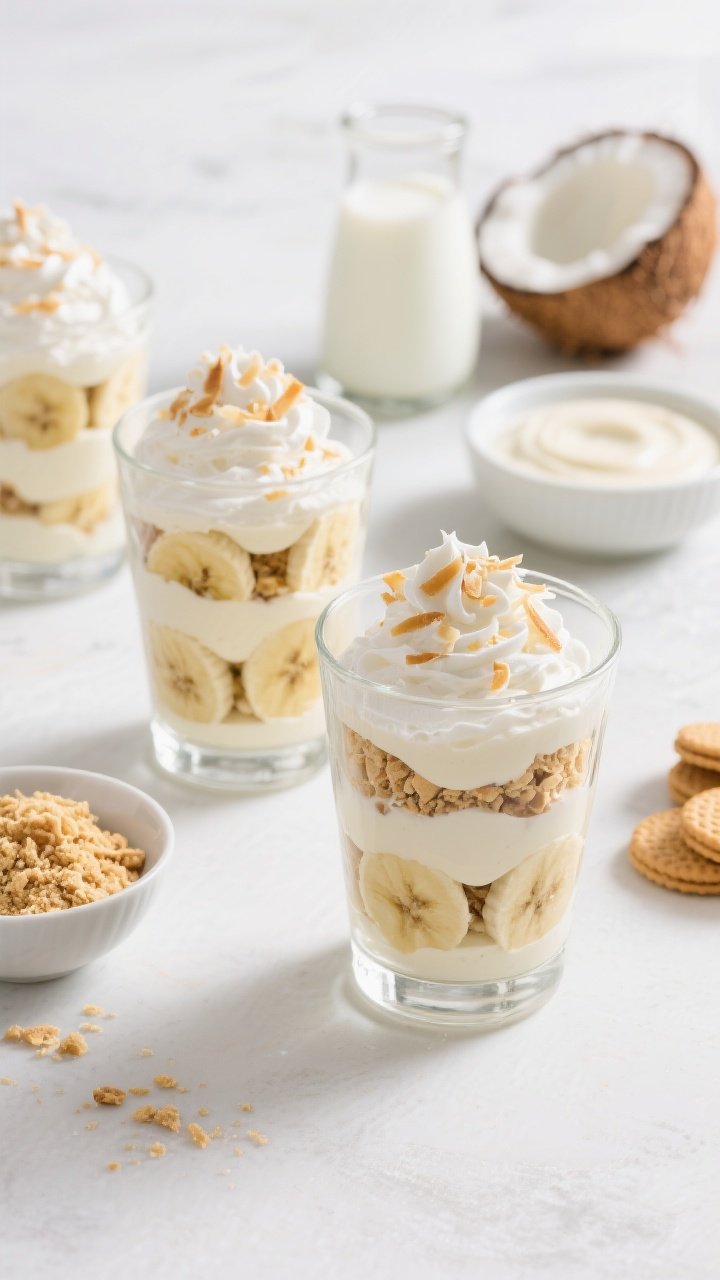 A 45-degree layered parfait presentation: clear glasses showcasing coconut banana pudding parfaits—alternating strata of pale coconut-vanilla pudding, ripe banana slices, and roughly crushed vanilla wafers; topped with soft-peaked whipped cream and toasted coconut flakes; nearby bowls of instant pudding mix, cold whole milk, coconut milk, and extra wafers; cool tropical palette with creamy whites and golden crumbs; minimal, elegant styling on a light surface, ready for BBQ entertaining.