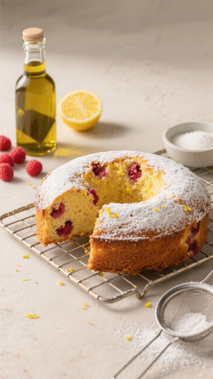 A 45-degree plated shot of a raspberry lemon olive oil cake on a cooling rack: 8-inch round loaf turned out, golden top dusted lightly with powdered sugar, slices revealing pockets of juicy raspberries and flecks of lemon zest. Place a bottle of extra-virgin olive oil, a zested lemon, and a small bowl of granulated sugar nearby; a sieve with residual powdered sugar to suggest finishing. Warm, bright lighting to emphasize the moist crumb and aromatic sheen, neutral backdrop, minimal props to keep focus on the sunny, citrus-forward cake.