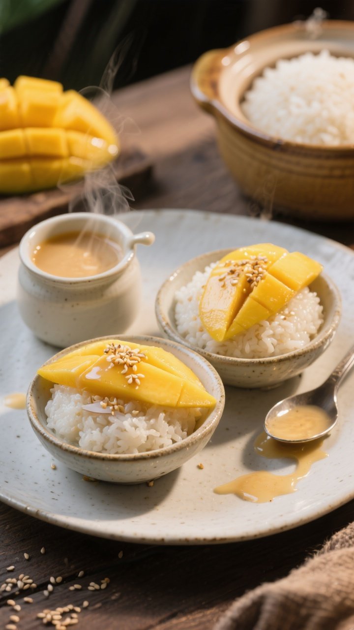 A 45-degree plated shot of weeknight-style mango sticky rice cups: glossy, coconut-scented sticky rice spooned into small ceramic bowls, drizzled with extra coconut sauce, topped with fanned slices of ripe mango; a sprinkle of toasted sesame seeds for crunch; nearby elements include a small pot of warm coconut mixture, a rice pot lid ajar with steam residue, and a spoon trailing coconut sauce; warm, inviting Thai dessert mood with creamy whites and sunny mango hues.