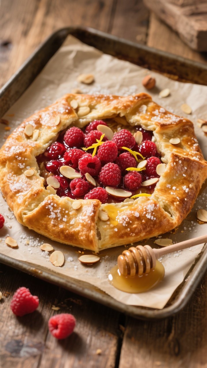 A 45-degree rustic bakery-style scene of a raspberry almond galette on parchment-lined sheet pan: deeply golden, flaky crust folded over a mound of glistening raspberries, juices bubbling, edges brushed with egg wash and sprinkled with coarse sugar and sliced almonds. The center shows flecks of almond filling beneath the fruit, with lemon zest peeking through. Scatter a few fresh raspberries and a honey dipper nearby for optional drizzle. Warm, late-afternoon light, wooden table, crisp details on crust layers and nutty topping, inviting and artisanal.