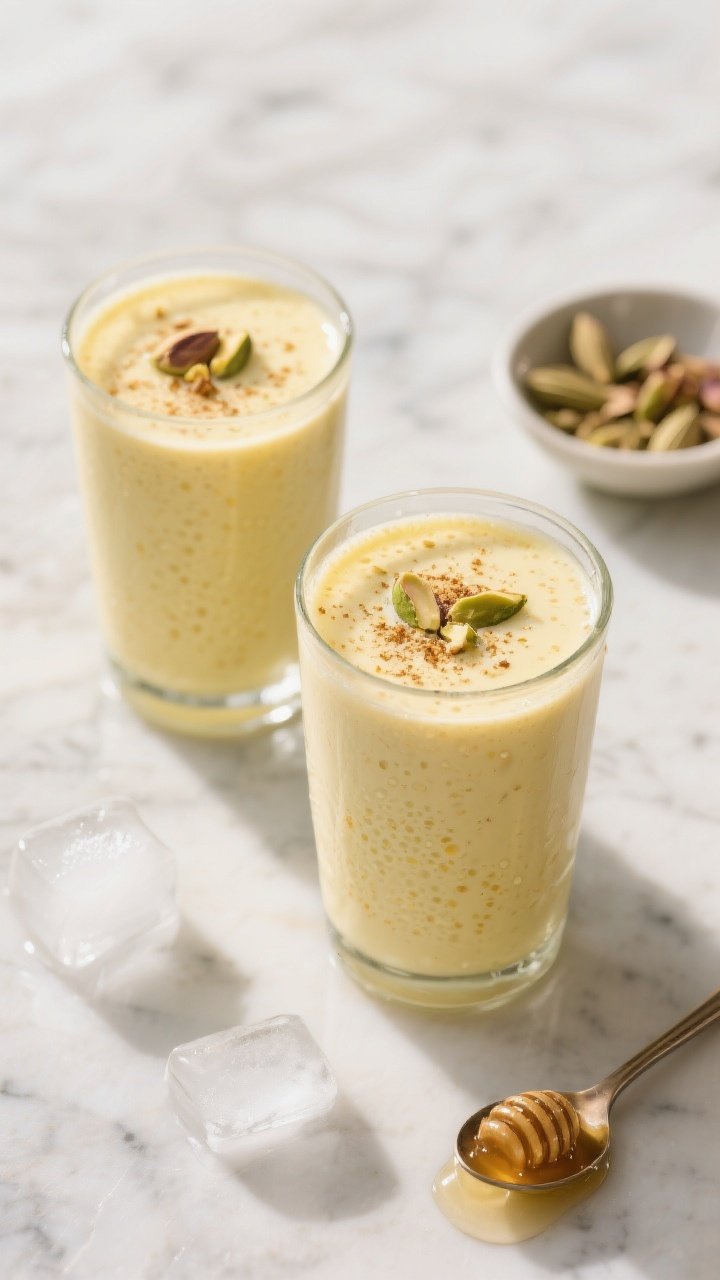 A close-up, 45-degree shot of two chilled mango lassi glasses filled with silky, pale-golden mango yogurt blend, tiny bubbles and froth at the top, garnished with a light sprinkle of ground cardamom and a few chopped pistachios; visible texture from ripe mango, creamy whole-milk yogurt, and a touch of honey; set on a cool marble surface with a small dish of cardamom, a spoon drizzled with honey, and a few ice cubes melting softly; bright, sunlit, refreshing Indian-style presentation.
