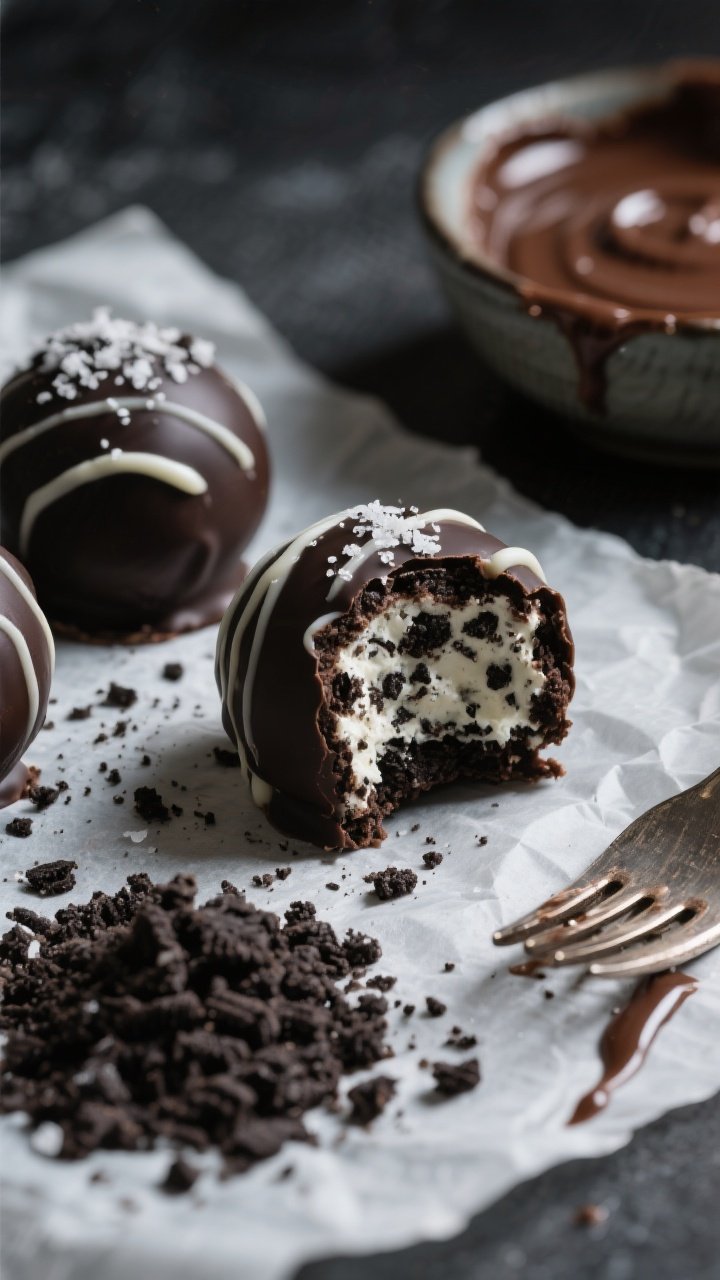 A close-up macro shot of Oreo truffles on parchment: matte-dark chocolate–coated spheres with a delicate drizzle of white chocolate, some dusted with crushed Oreos, others finished with flaky sea salt. One truffle is cut open to reveal the dense cookies-and-cream filling made from Oreo crumbs and cream cheese. Include a bowl of melted chocolate, a pile of fine Oreo crumbs, and a fork with a few chocolate drips. Moody lighting to accent shine and texture.