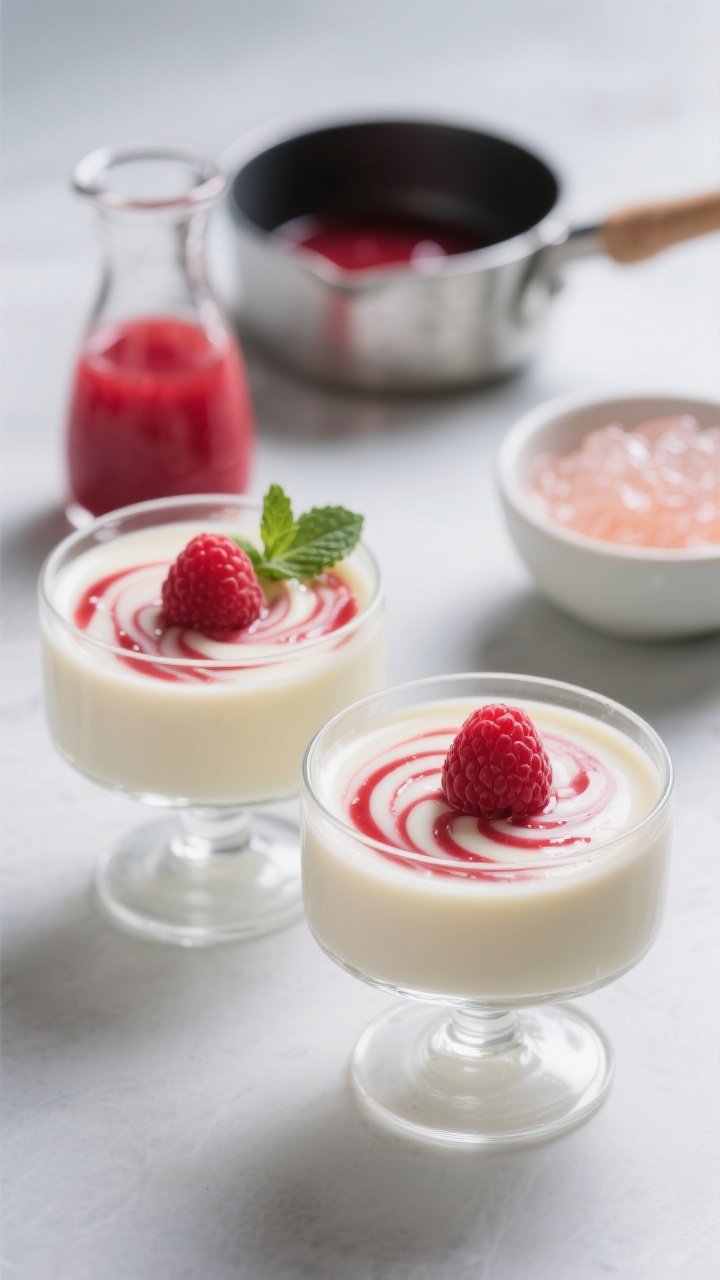 A refined straight-on dessert shot of raspberry swirl panna cotta set in clear stemless glasses: silky ivory custard with a vivid raspberry sauce swirled in delicate marbling on top, seeds strained for a smooth finish. Garnish with a single fresh raspberry and a small mint leaf. In the background, include a tiny carafe of the bright raspberry coulis and a bowl with bloomed gelatin next to a saucepan to hint at the process. Clean, modern styling, cool tones, soft highlights to emphasize the glossy, wobbly texture.