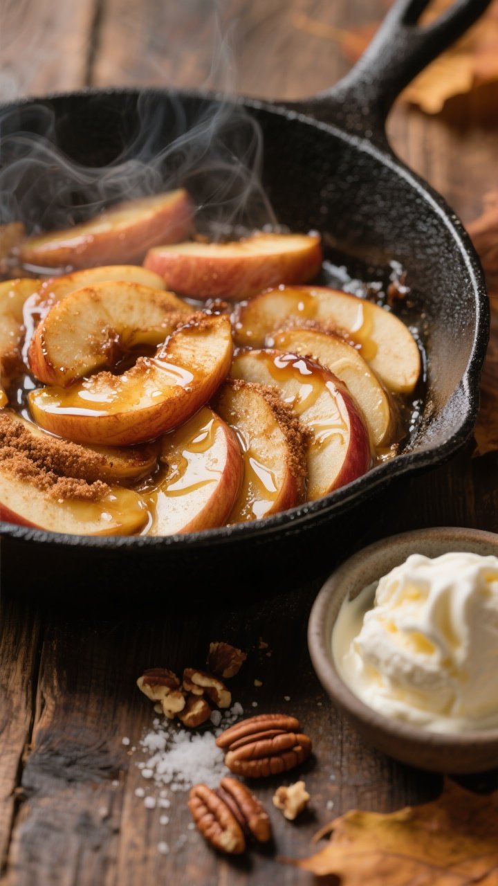 A steamy, 45-degree close-up of warm cinnamon apples sizzling in a black cast-iron skillet: thinly sliced apples glazed with melted butter, brown sugar, maple syrup, cinnamon, and a hint of nutmeg, glossy and tender with visible vanilla swirl just stirred in. Style with a rustic wood surface, a small bowl of vanilla ice cream melting into the apples on the side, a pinch of salt and chopped pecans scattered nearby, warm fall tones, soft directional light, shallow depth of field, cozy dessert-in-15-minutes mood.