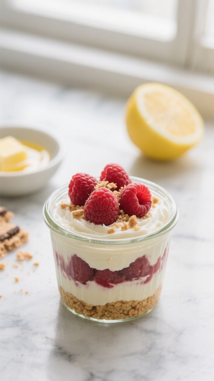 A straight-on close-up of no-bake raspberry cheesecake cups layered in small clear glass jars: a firm graham cracker crust pressed tight and even, topped with creamy whipped cream-cheese filling streaked with visible raspberry ripples and a hint of lemon; crowned with fresh whole raspberries and a sprinkle of crushed cookies. Include a small bowl of graham cracker crumbs, a dish of melted butter, and a halved lemon in the background for context. Soft, natural window light, shallow depth of field, cool marble surface, crisp textures from the sandy crust to the glossy berries.