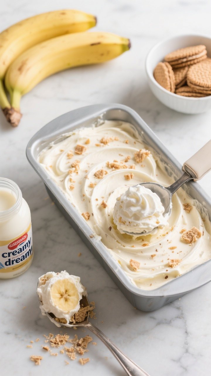 A straight-on frozen dessert scene: a loaf pan filled with no-churn banana cream pie ice cream, its surface swirled and studded with crushed vanilla wafer cookies; a scoop poised to reveal creamy texture with mashed banana and vanilla flecks; condensed milk can, two ripe bananas, and a bowl of extra wafer crumbs arranged neatly; cool, bright tones with soft light to emphasize “creamy, dreamy” feel; a dollop of whipped cream and extra wafer crumbles on a nearby scoop for serving.