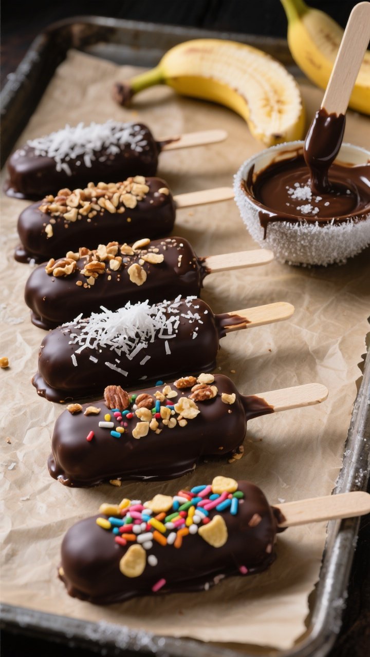 A straight-on lineup of dark chocolate-dipped frozen banana pops on a parchment-lined tray: glossy dark chocolate shells with a clean snap, sprinkled with crushed nuts, shredded coconut, colorful sprinkles, and mini chips; a small bowl of melted dark chocolate with coconut oil and a pinch of sea salt crystals visible; a few halved bananas on sticks waiting to be dipped; frosty edges hinting at chill; dramatic contrast lighting to emphasize the chocolate sheen and texture.