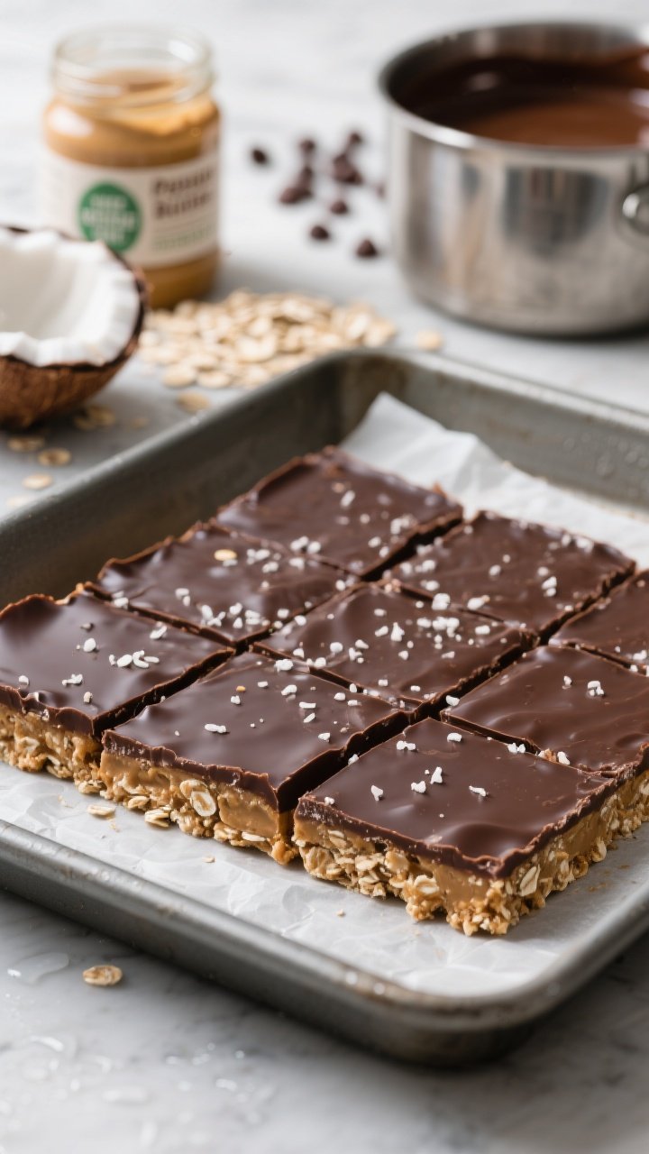 A straight-on macro close-up of no-bake peanut butter chocolate oat bars, neatly sliced to show distinct layers: chewy oat-peanut butter base and glossy dark chocolate top, with a sprinkle of flaky sea salt. Place the bars on parchment in an 8-inch square pan, with a saucepan of melted chocolate chips and coconut oil in the background and a jar of natural peanut butter open beside certified gluten-free rolled oats. Cool-toned kitchen counter, subtle fridge-set condensation on the chocolate edge for realism, crisp focus on texture of oats and sheen of chocolate.