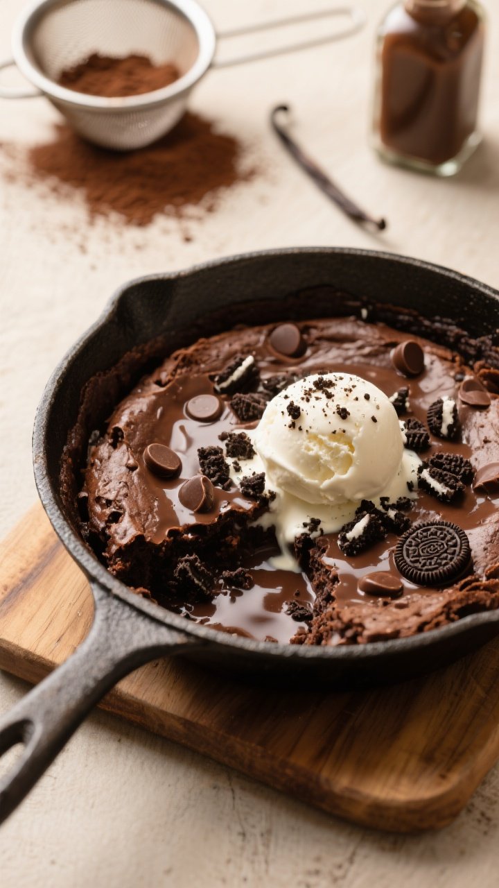 A straight-on, rustic presentation of an ooey-gooey Oreo skillet brownie in an 8-inch cast-iron pan, edges set and center fudgy with melty chocolate chips and rough-chopped Oreo pieces visible on top. A scoop of vanilla ice cream melting into the warm brownie, with extra Oreo crumbs sprinkled over. Set on a wooden board with a cocoa-dusted sieve and a vanilla bottle in the background. Warm, inviting light to capture the molten interior.