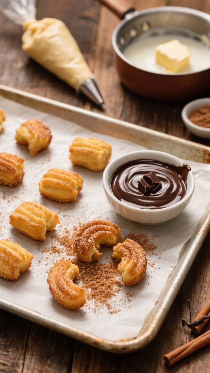 An overhead action-inspired scene of cinnamon sugar baked churro bites just out of the oven: bite-sized golden puffs on a parchment-lined baking sheet, some mid-roll in a shallow bowl of sparkling cinnamon sugar, leaving sweet trails. A small bowl of silky dark chocolate dipping sauce with a gentle ripple, created from chopped dark chocolate and warm cream, sits beside. Include ingredient hints: a saucepan with milk and butter residue, a piping bag with a bit of dough, and a small dish of vanilla. Warm, inviting light to emphasize crisp exteriors and sugar sparkle; rustic wood backdrop for cozy churro vibes.