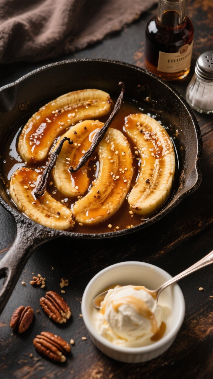 An overhead action shot of caramelized bananas foster in a cast-iron skillet: thick coin and lengthwise banana slices glistening in a glossy butter–brown sugar–cinnamon sauce with tiny vanilla seeds; a small splash of dark rum bottle off to the side and a pinch of salt cellar; spoon poised over a bowl of vanilla ice cream already draped with the syrup; toasted pecans scattered on the table; warm, amber highlights reflecting off the bubbling sauce; dark rustic surface for contrast.