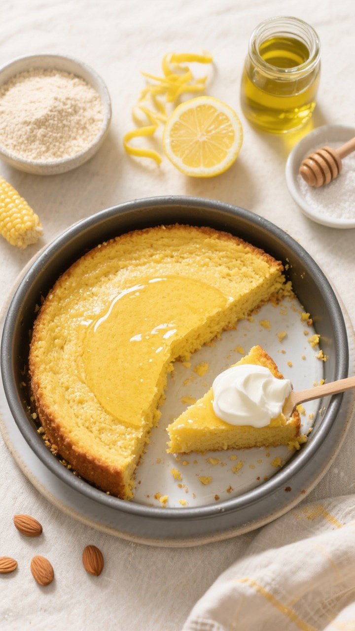 An overhead flat lay of a bright lemon almond polenta cake, golden and tender, in an 8-inch round pan with a slice removed to show the moist crumb. The cake is being soaked with a shiny citrus syrup (visible brush or pooled sheen on top). Surround with ingredients: almond flour in a small bowl, fine cornmeal, lemon zest curls, halved lemons, olive oil in a glass, a jar of honey, and a small dish of baking powder. Style with a dollop of Greek yogurt on the plated slice, a few crumbs on the plate, and a linen in sunny tones; clean, natural daylight for a fresh, zesty mood.