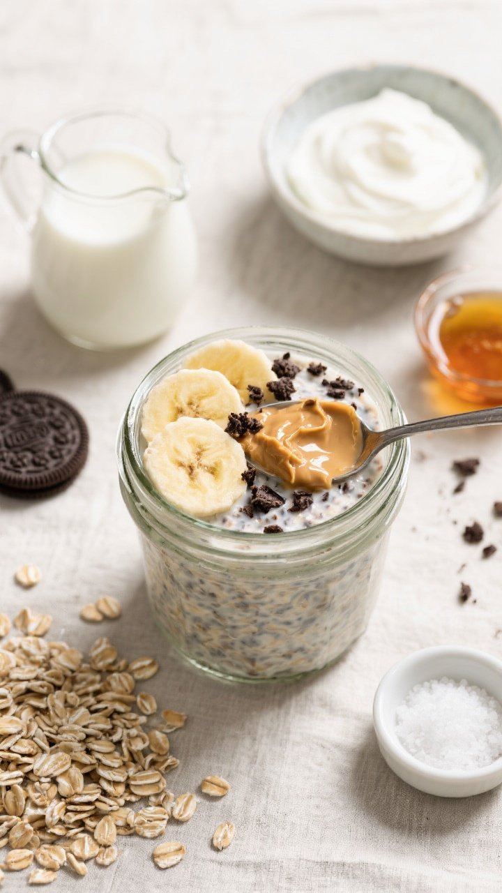An overhead flat lay of cookies-and-cream overnight oats in a clear glass jar, creamy and thick with visible crushed Oreo bits swirled through, topped with banana slices and a spoonful of peanut butter plus a few extra cookie crumbs. Surround with rolled oats, a small pitcher of milk, a bowl of Greek yogurt, a drizzle of maple syrup, and a tiny pinch dish of salt. Clean, bright morning light and a neutral linen for a breakfast vibe.