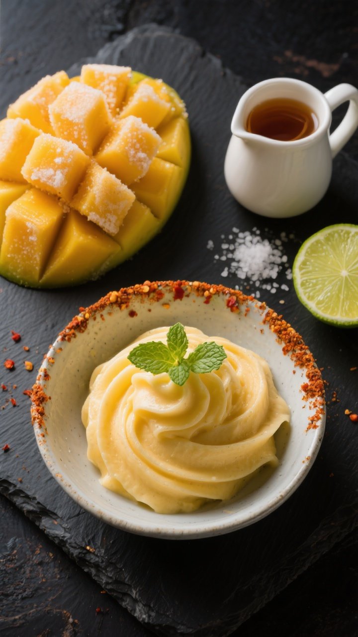 An overhead ingredient-to-finish sequence on a dark slate: a mound of frosty frozen mango chunks on one side, a small pitcher of maple syrup and a cut lime with a pinch of salt on the other, leading to a shallow bowl of freshly blended two-ingredient mango sorbet with soft-serve swirls; garnished with a tiny mint sprig and a light dusting of chili-lime tajín on the rim for sweet-heat flair; crisp, high-contrast lighting to showcase icy-to-silky transformation.