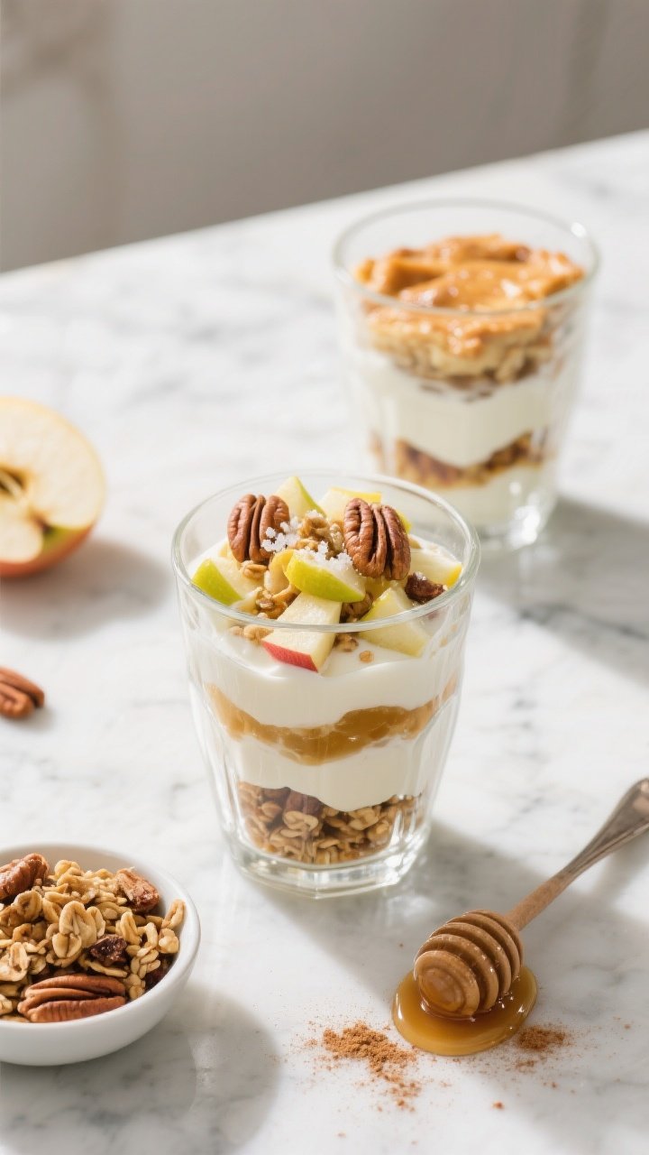 An overhead layered parfait scene in clear glass tumblers: creamy Greek yogurt mixed with maple syrup and vanilla, topped with diced apples tossed in cinnamon, lemon juice, and a pinch of salt, plus crunchy granola and chopped pecans. Alternate visible layers to mimic apple pie, with a second glass partially filled to show assembly. Set on a cool marble surface with a small bowl of granola, a honey/maple drizzle spoon, and a dusting of cinnamon; bright morning light, crisp, clean styling.