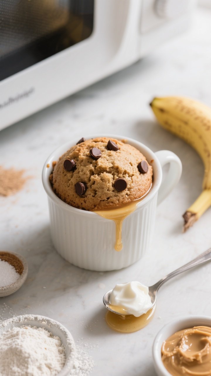 An overhead mug-shot of a five-minute peanut butter banana mug cake just out of the microwave: domed, tender crumb with melted chocolate chips peeking through; a drizzle of honey pooling slightly and a spoonful of Greek yogurt on the side; surrounding ingredient cues—half a ripe banana, a spoon with creamy peanut butter, a small dish of sugar, flour dusting, and a pinch bowl of baking powder and salt; clean countertop, casual late-night snack vibe, bright, appetizing lighting.