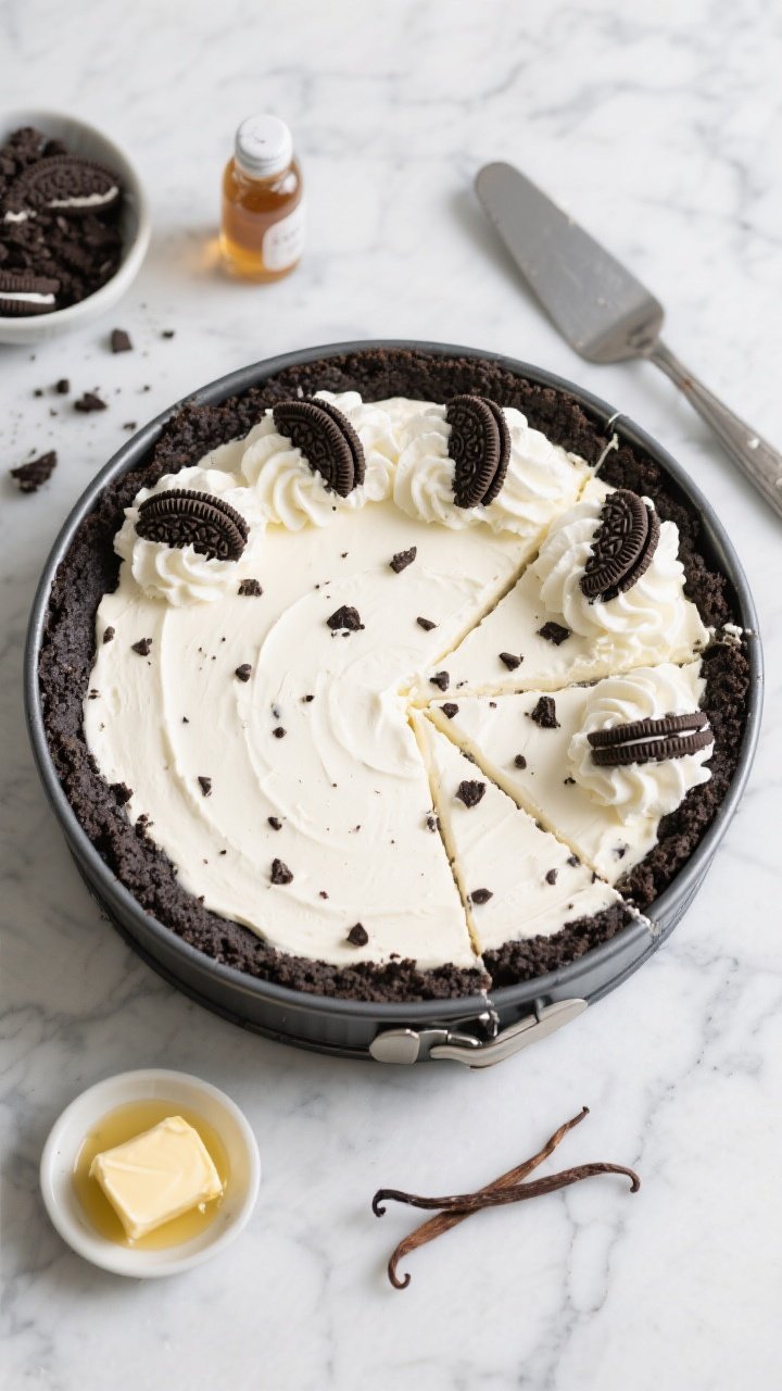 An overhead shot of a chilled no-bake Oreo cheesecake in a 9-inch springform pan on a cool marble surface, showing a thick, dark Oreo crumb crust and a silky, pale cream filling speckled with chopped Oreo pieces; topped with delicate swirls of whipped cream and halved Oreos. Include a small bowl of finely crushed Oreos, a dish of melted butter, a vanilla extract bottle, and a metal offset spatula nearby. Soft, cool lighting to emphasize the creamy texture and clean slices, no people.