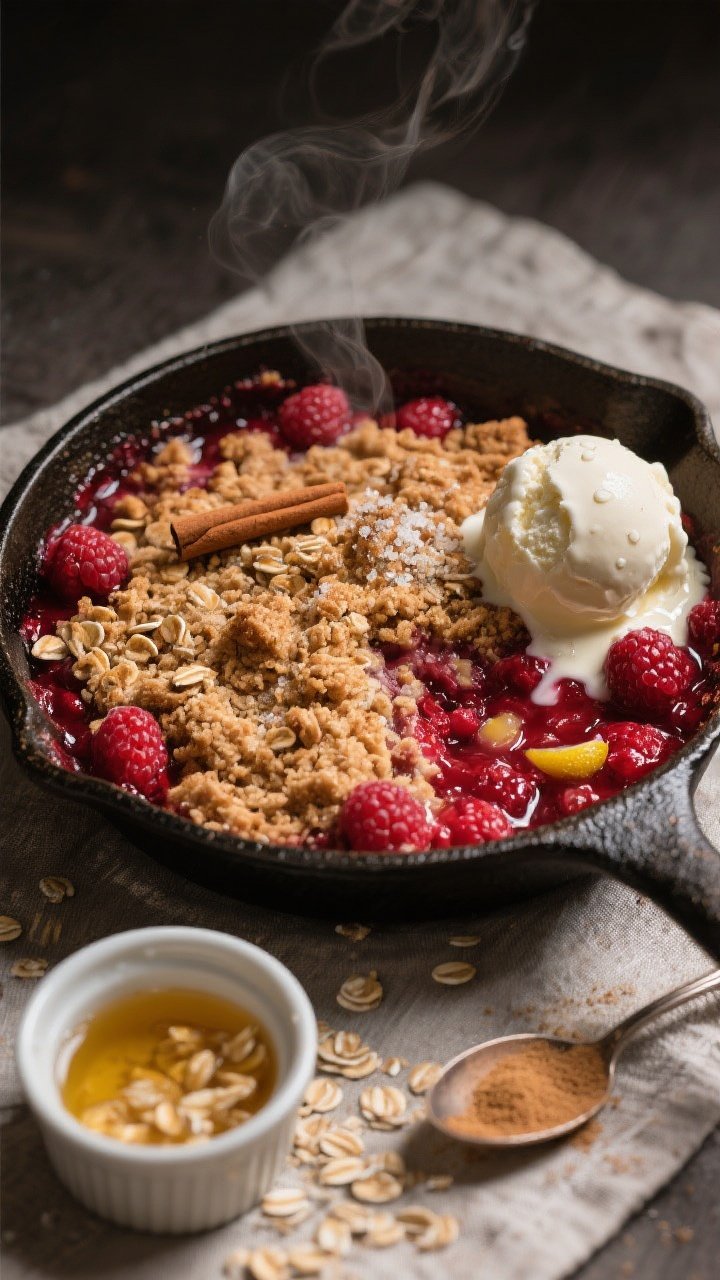 An overhead shot of a warm raspberry crumble skillet fresh from the oven: bubbling ruby raspberries thickened with cornstarch and lemon juice beneath a rustic, clumpy brown-butter oat topping speckled with cinnamon and a pinch of salt. Serve with a melty scoop of vanilla ice cream on one edge, with droplets starting to cascade. Include a small pan with browned butter (golden, nutty bits visible), a ramekin of old-fashioned oats, and a spoon dusted with light brown sugar at the frame’s corner. Cozy, moody lighting with steam subtly visible, cast-iron skillet on a linen.