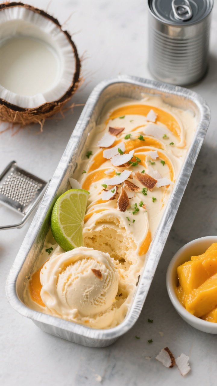 An overhead shot of no-churn mango coconut ice cream scooped into a frosty metal loaf pan, creamy swirls of vivid mango-orange against velvety coconut, topped with lime zest and toasted coconut flakes; a lime wedge and zester nearby, open can of coconut milk and a small bowl of mango puree to the side; styling emphasizes tropical richness with a pop of lime, professional soft light for creamy texture and gentle shadows.