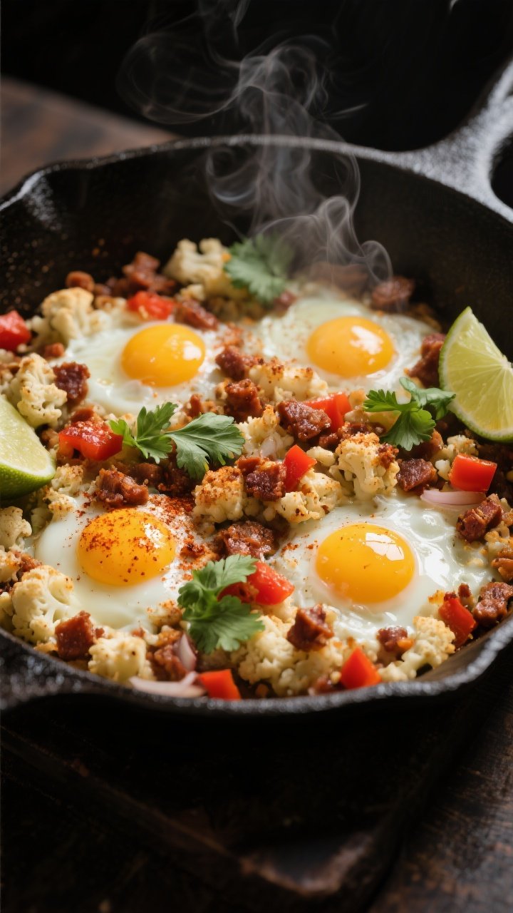 Close-up skillet scene of chorizo cauliflower “hash” cooking: cast-iron pan packed with browned riced cauliflower, sautéed diced red bell pepper and onion, smoky paprika dusting visible; four small wells with runny-yolk eggs just set, steam rising; crumbled browned chorizo distributed throughout; garnished with fresh cilantro leaves and lime wedges on the rim; moody side light to capture crispy bits and glossy yolks, 45-degree angle.