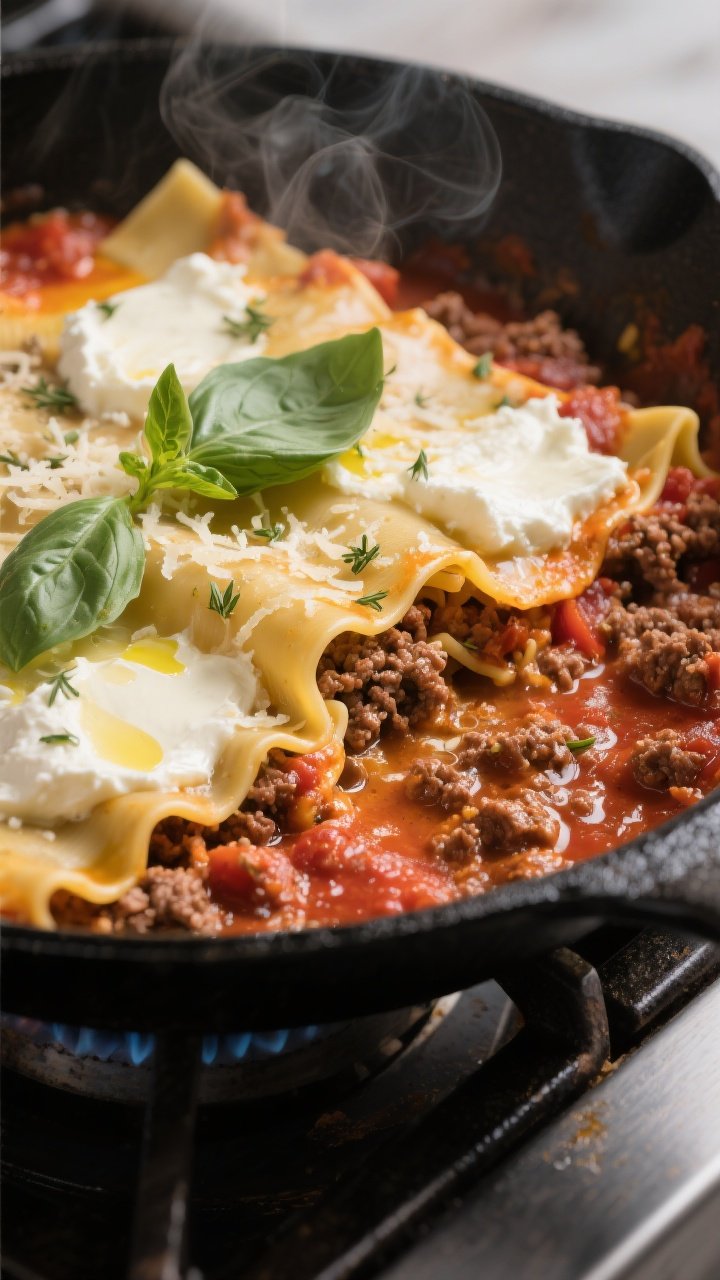 Close-up, straight-on skillet scene of Lightened-Up Stovetop Beef Lasagna: a deep black skillet on the burner with steam rising, broken lasagna noodles nestled in tomato basil sauce and water, lean ground beef crumbles, and specks of oregano. Dollops of ricotta melting into the surface, freshly melted mozzarella stretch, a light shower of grated Parmesan on top. Fresh basil leaves tossed over at the end, a small drizzle of olive oil catching highlights. Emphasis on saucy gloss, noodle texture, and gentle simmer bubbles. Clean, fast weeknight vibe, controlled highlights, no hands.