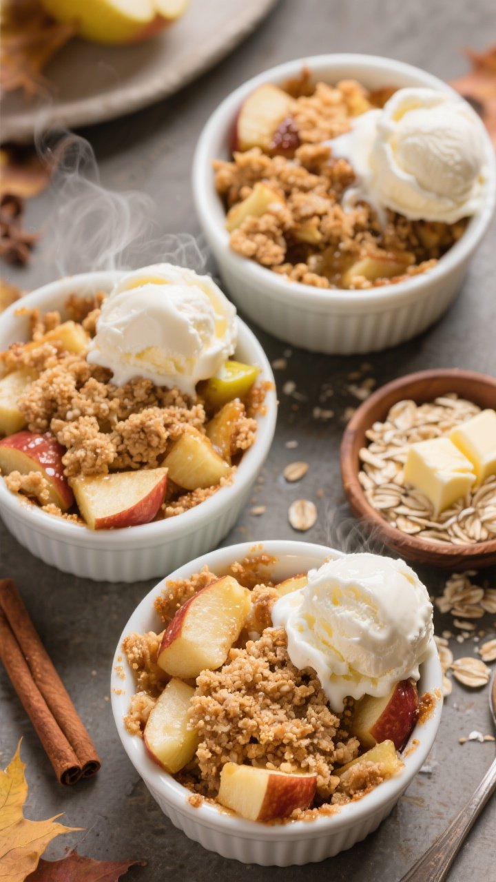 Cozy overhead shot of quick apple crisp cups: two to three ramekins filled with diced apples tossed with lemon juice, brown sugar, cinnamon, and nutmeg, topped with buttery oat-flour crumble clumps; just baked, golden and bubbly; served warm with scoops of vanilla ice cream melting over the top; extra cinnamon and a small bowl of oats and cold butter cubes shown to hint at ingredients; autumnal tones and soft steam.