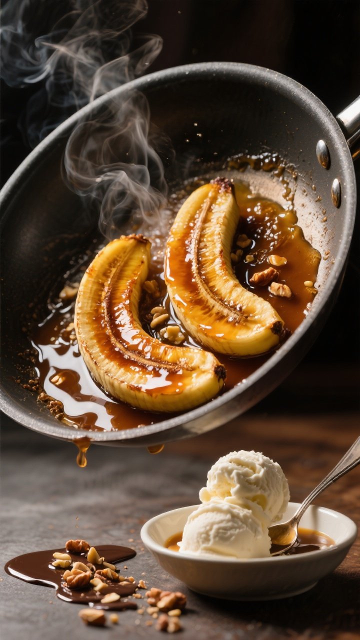 Dynamic 45-degree skillet action shot of caramelized banana halves, cut side down, in a bubbling butter-brown sugar-cinnamon sauce with a hint of vanilla; glossy, amber glaze clinging to the fruit; served immediately alongside scoops of vanilla ice cream in a shallow bowl, sauce spooned over, optional chopped nuts and a drizzle of chocolate sauce nearby; warm, dramatic lighting emphasizing steam and stickiness.