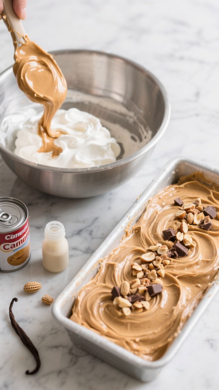 Ingredients-to-final transition at a 45-degree angle: a chilled metal bowl with whipped cream to soft peaks, a can of sweetened condensed milk, vanilla extract, and a warm swirl of creamy peanut butter being folded in; next to it, a loaf pan filled with the no-churn base, dramatic peanut butter swirl on top, sprinkled with chopped peanuts and chocolate chunks; cool freezer-ready vibe on a marble surface.