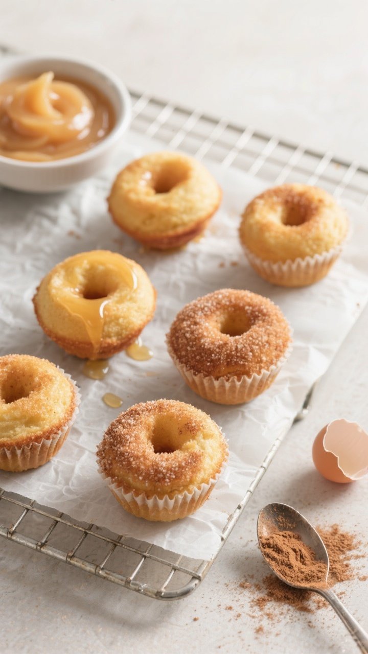Overhead batch shot of five-ingredient baked apple donut holes on a parchment-lined cooling rack: mini muffin-sized rounds lightly golden, some rolled in melted butter then cinnamon sugar for a sparkly crust. A small bowl of unsweetened applesauce, a cracked egg shell, and a spoon dusted with cinnamon nearby to hint at ingredients. Neutral background, soft afternoon light, emphasis on the tender crumb and sugared texture, clean minimal styling.