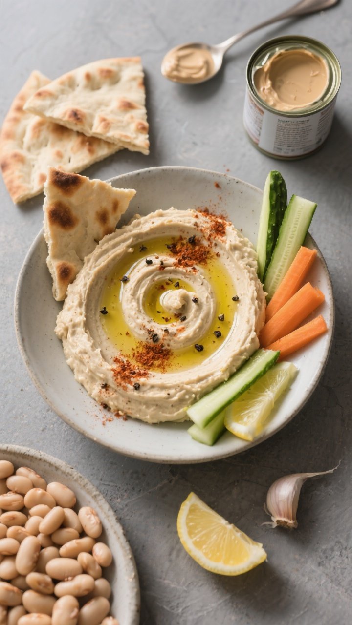 Overhead bowl shot of Smoky White Bean Spread with Lemon and Tahini, blended creamy and swirled in a shallow dish. Garnish with a generous olive oil drizzle, a sprinkle of smoked paprika, cracked black pepper, and a pinch of ground cumin. Arrange warm flatbread wedges and raw veggies (cucumber sticks, carrot batons) around the bowl. Include key ingredients styled nearby: a can of cannellini beans (opened), a spoonful of tahini, a lemon half, and a garlic clove. Soft, earthy color palette, modern Middle Eastern-inspired styling on a matte slate surface, diffused daylight.