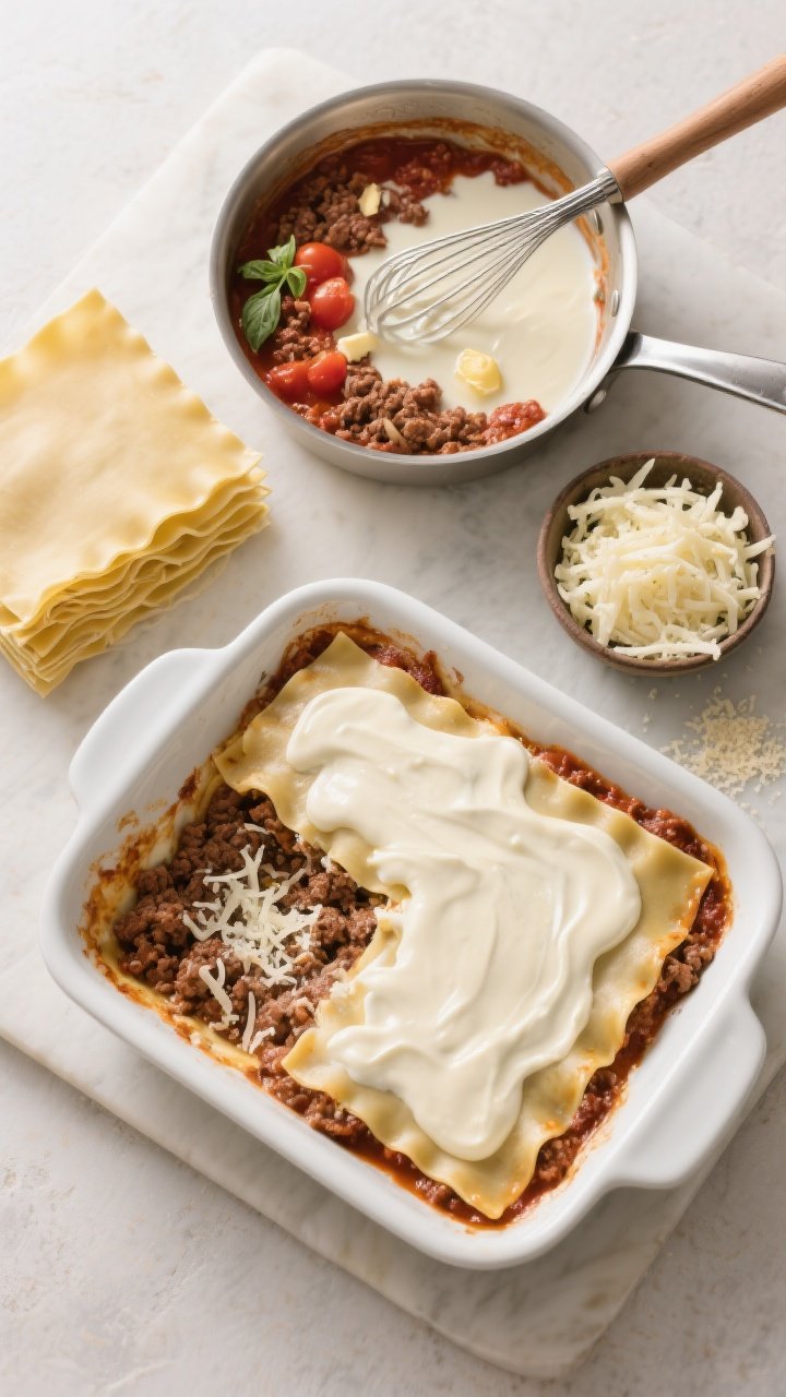 Overhead flat lay assembly of White Sauce Beef Lasagna with Creamy Béchamel: a staging board with elements neatly arranged—pan of tomato passata beef sauce (ground beef, onion, dried basil), a saucepan of glossy béchamel with a whisk (butter, flour, warm milk, pinch of nutmeg), stack of no-boil lasagna sheets, bowls of shredded mozzarella and grated Parmesan. Partial build in a baking dish showing a layer of meat sauce, a ladled ribbon of béchamel, and cheese sprinkle mid-process. Neutral backdrop, elegant, minimal styling to convey luxe creaminess, bright yet soft lighting.
