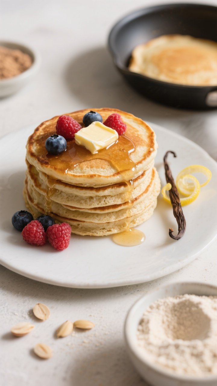 Overhead flat lay of a stack of fluffy almond flour pancakes on a matte white plate, golden-brown with butter melting on top, glossy buttered berry syrup (blueberries, raspberries) cascading down; extra skillet with a pancake mid-flip in the corner, small bowls of almond flour, coconut flour, and keto sweetener nearby; vanilla pod and lemon zest curls as accent; warm natural light, soft shadows, texture of tender crumb visible.