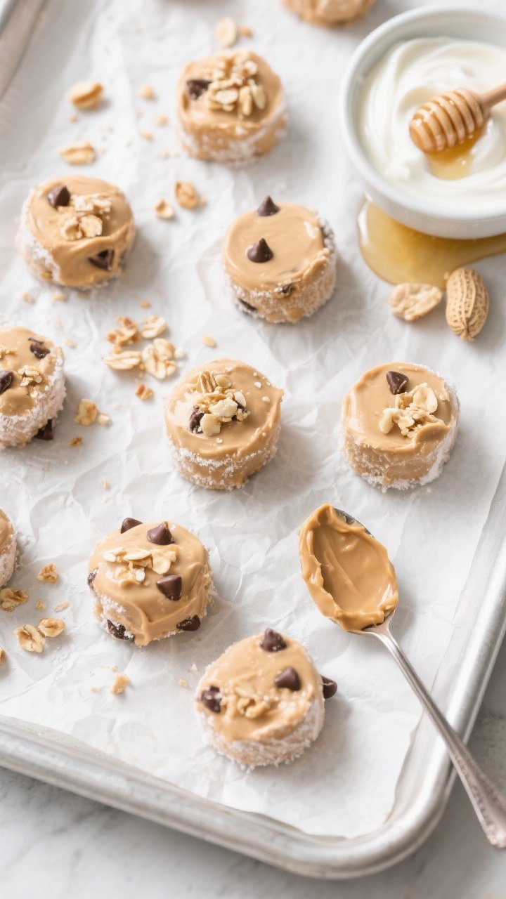 Overhead flat lay of frozen peanut butter yogurt bites dotted across a parchment-lined baking sheet: creamy tan dollops with mini chocolate chips folded in, some topped with crushed peanuts or granola. Frosty edges indicating they’re fully frozen; a small bowl of Greek yogurt, a drizzle of honey, and a spoon with a swipe of peanut butter included. Bright, clean light with cool undertones to emphasize chilled, snackable, light-and-creamy mood.