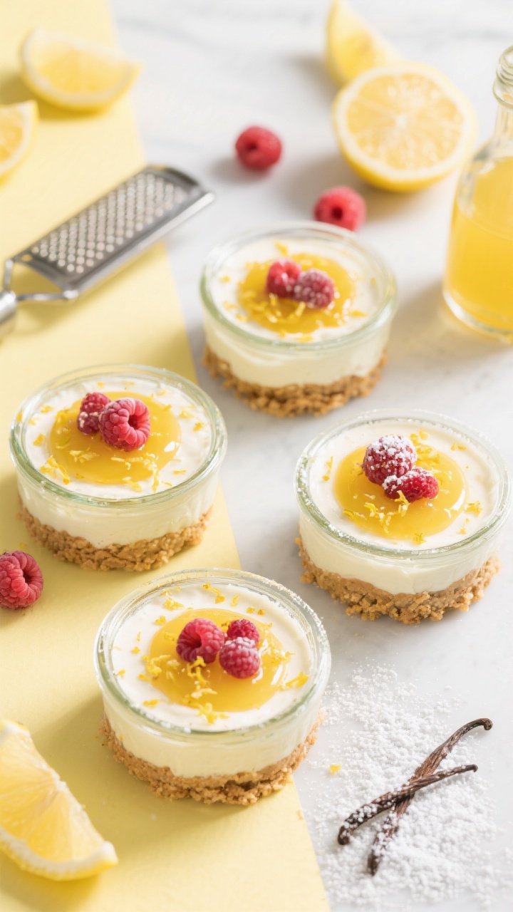 Overhead flat lay of no-bake lemon cheesecake jars: four small glass jars with buttery crushed graham cracker bases, topped with smooth cream cheese-Greek yogurt filling flecked with lemon zest; garnished with glossy lemon curd and a few macerated berries; a microplane with fresh lemon, powdered sugar dusting, and vanilla bottle included; bright, sunny palette with yellows, whites, and pink-red berry tones.