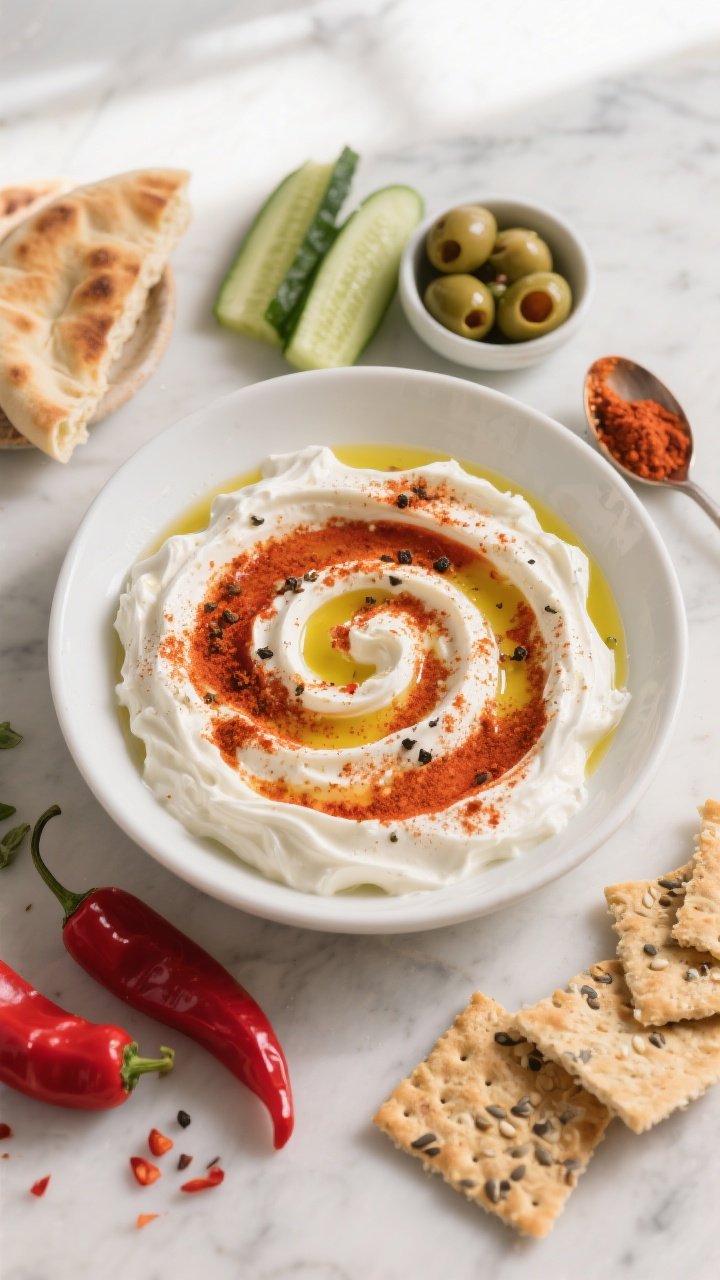Overhead flat lay of Roasted Red Pepper Feta Whip in a shallow white bowl, whipped very smooth and fluffy, with visible swirls. Garnished with a drizzle of extra-virgin olive oil, a dusting of smoked paprika, cracked black pepper, and a pinch of red pepper flakes. Surround with accompaniments from the recipe: warm pita wedges, seeded crackers, cucumber spears, and a small dish of chopped olives; include a spoonful of harissa on the side. Color pop of scarlet peppers and creamy white feta tones. Bright, Mediterranean mezze vibe on a light marble surface, soft natural window light, minimal shadows.