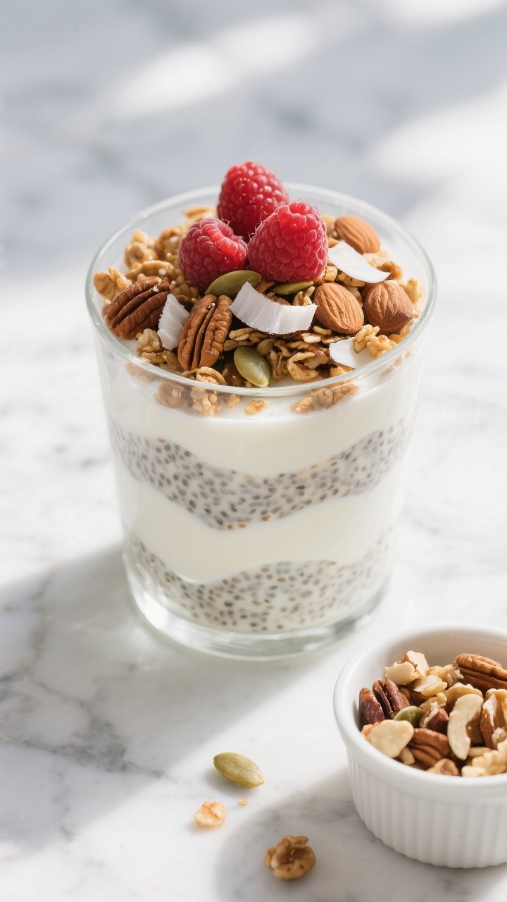 Overhead layered parfait in a clear glass: thick plain unsweetened Greek yogurt mixed with chia seeds and vanilla, swirled visibly; topped with warm toasted “granola” of chopped almonds, pecans, walnuts, coconut flakes, and pumpkin seeds glistening with melted coconut oil and cinnamon; a few raspberries on top; extra nut mix in a small ramekin nearby; cool, bright morning light on a marble surface for clean, fresh appeal.