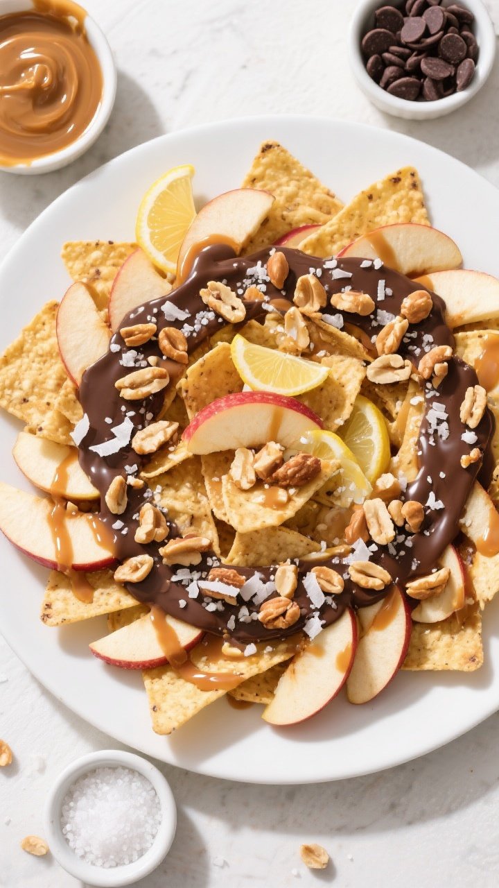 Overhead party-platter shot of salted caramel apple nachos: crisp thin apple slices (tossed with lemon juice) layered in a circular pattern on a large white platter, generously drizzled with glossy caramel sauce and melted dark chocolate. Topped with chopped peanuts, a sprinkle of shredded coconut, and a finishing pinch of flaky sea salt that catches the light. Include a small bowl of extra caramel, dark chocolate chips, and a ramekin of sea salt; vibrant, high-contrast, irresistibly snackable.